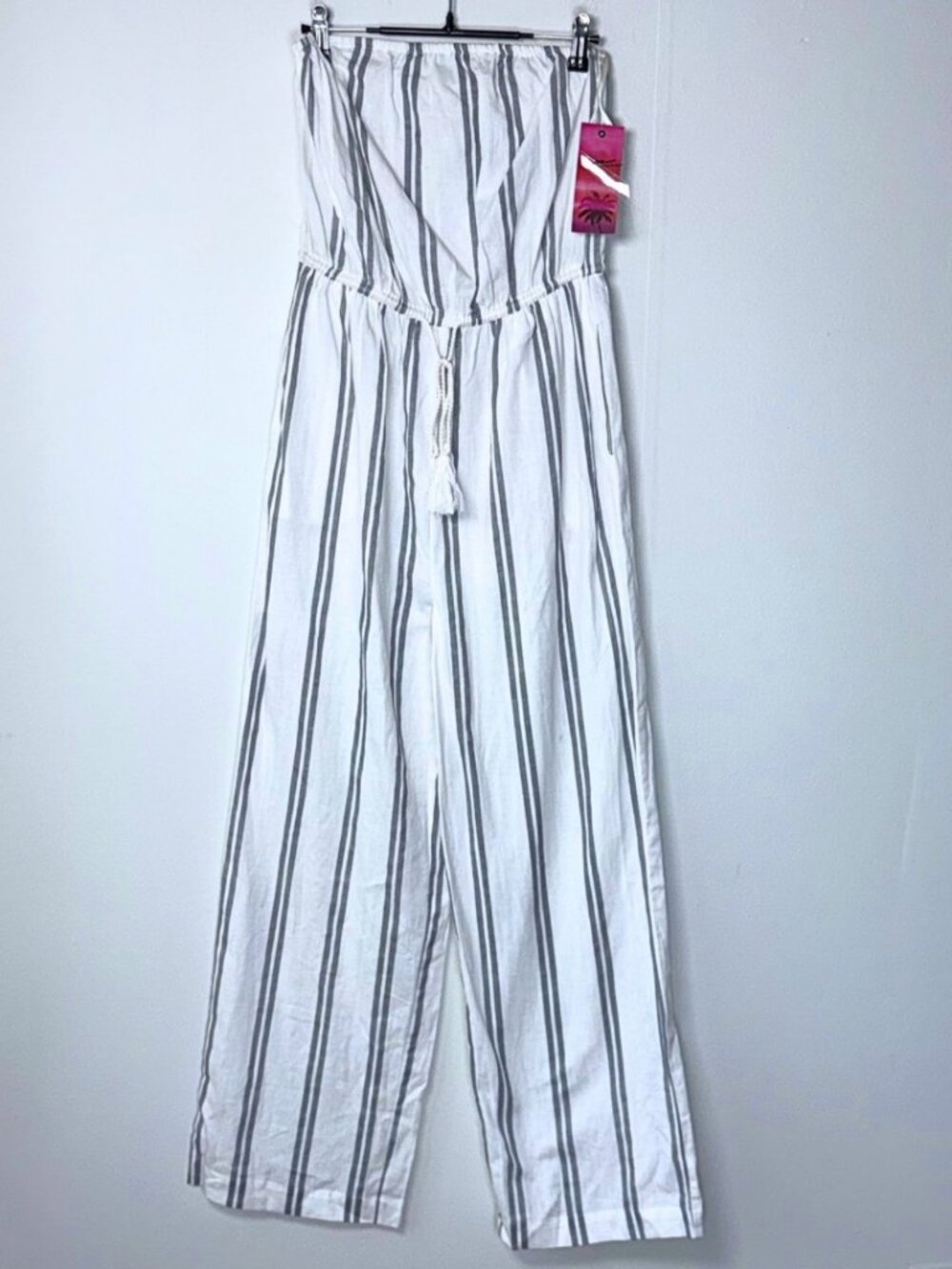 NWT Nautical Striped Strapless Wide Leg Jumpsuit Cotton Linen Blend Medium Chic - Picture 1 of 13